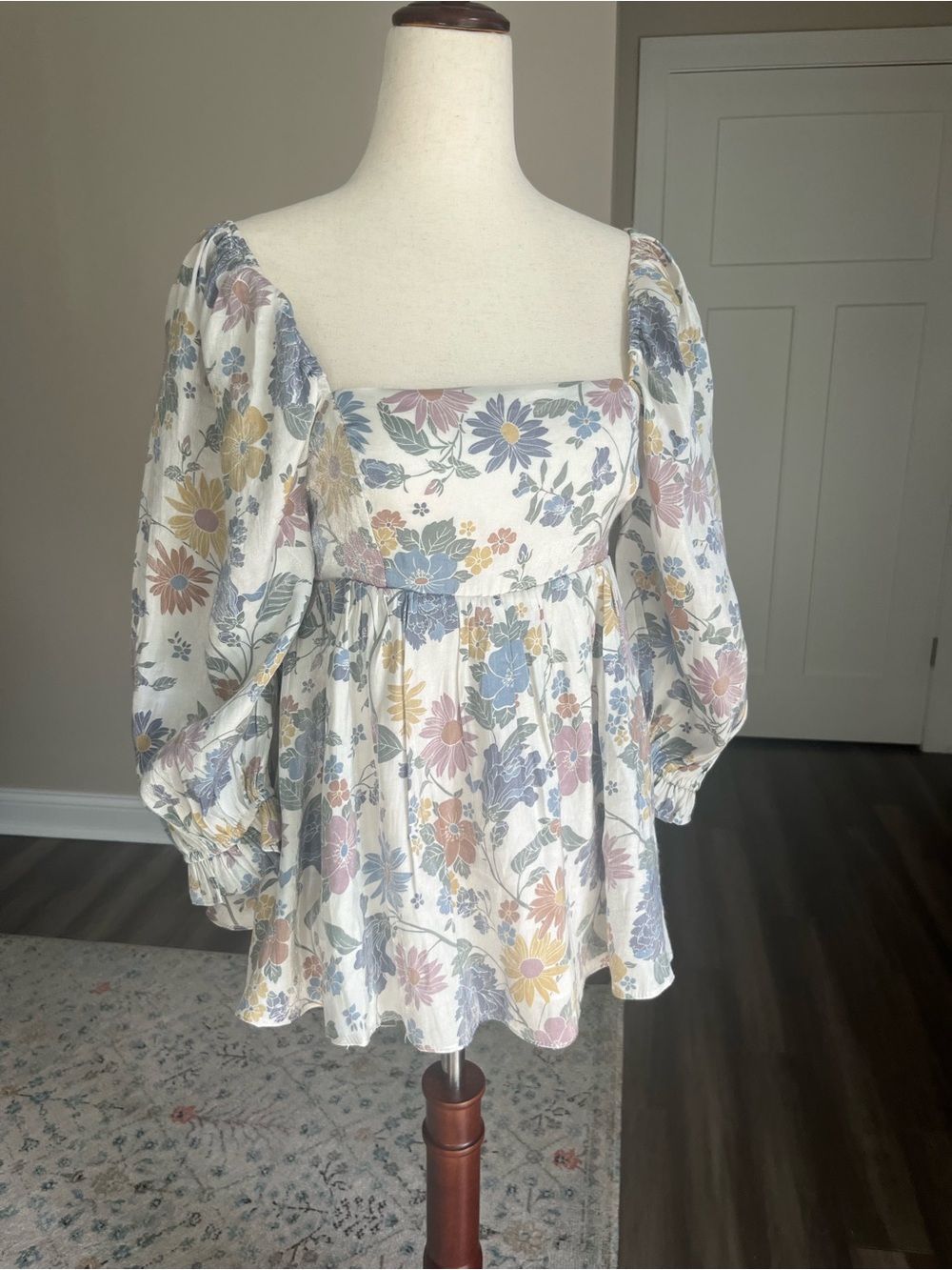 Cottagecore Floral Square-Neck Puff Sleeve Women’s Babydoll 3/4 Sleeve Top